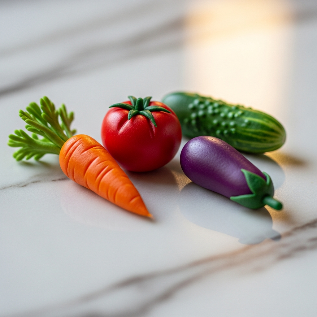 Миниатюрные овощи из полимерной глины — морковь, томат, перец